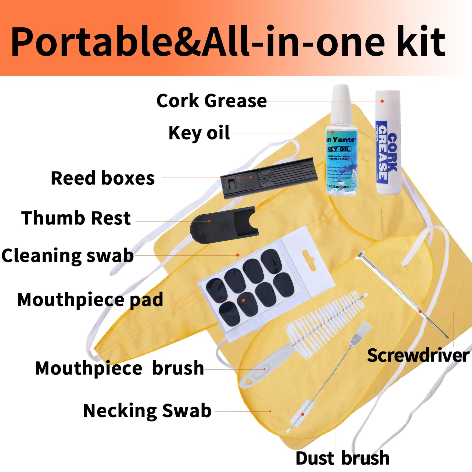 Nan Yante Saxophone Cleaning Care Kit:Cleaning Swab+Necking Swab+Key Oil+Cork Grease+Mouthpiece/Dust Brush+Thumb Rest+Mouthpiece